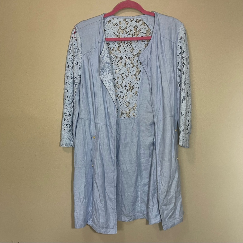 Chico's Women's Sz 12 Blue Cami Layering  Crochet 3/4 Sleeve Open Cardigan Linen